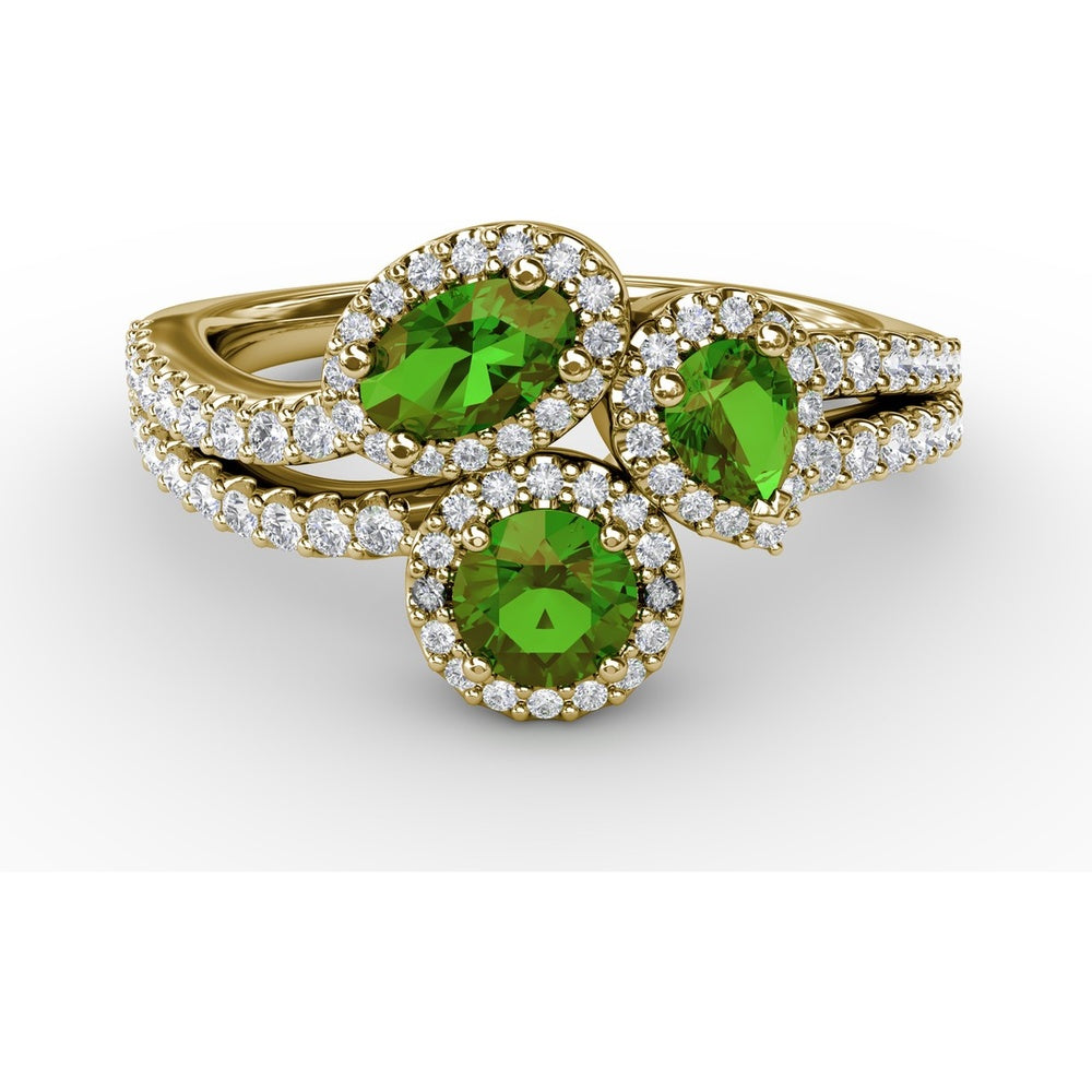 Three-Stone Oval Emerald Ring with Diamond Halos and Split Shank by Fana - 1.06 Carat Total Gemstone Weight