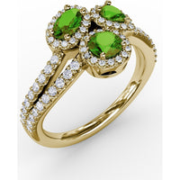 Three-Stone Oval Emerald Ring with Diamond Halos and Split Shank by Fana - 1.06 Carat Total Gemstone Weight