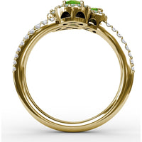 Three-Stone Oval Emerald Ring with Diamond Halos and Split Shank by Fana - 1.06 Carat Total Gemstone Weight