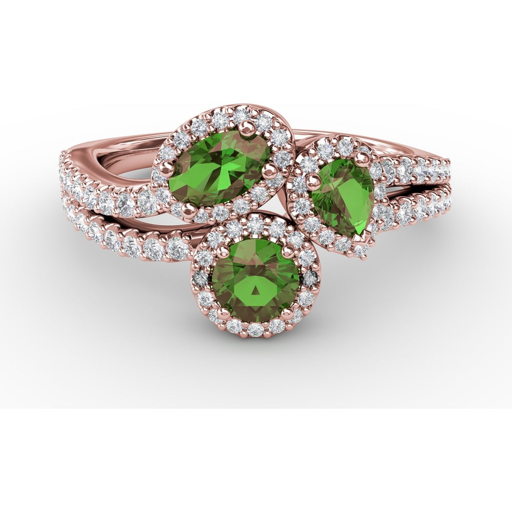 Three-Stone Oval Emerald Ring with Diamond Halos and Split Shank by Fana - 1.06 Carat Total Gemstone Weight