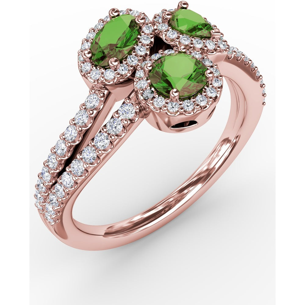Three-Stone Oval Emerald Ring with Diamond Halos and Split Shank by Fana - 1.06 Carat Total Gemstone Weight