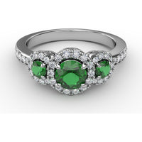 Three Stone Oval Emerald Ring with Diamond Halos by Fana - 1.10 Carat Total Gemstone Weight