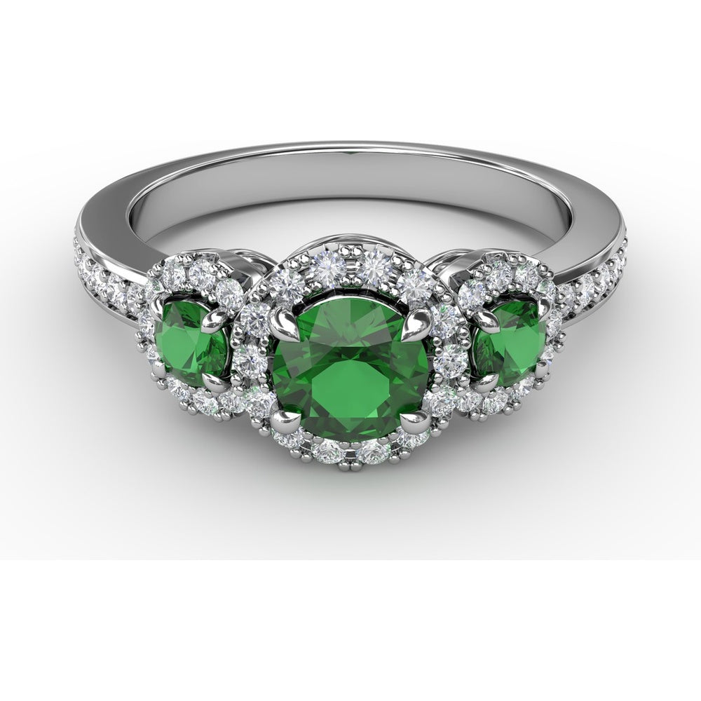 Three Stone Oval Emerald Ring with Diamond Halos by Fana - 1.10 Carat Total Gemstone Weight