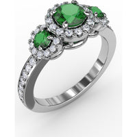 Three Stone Oval Emerald Ring with Diamond Halos by Fana - 1.10 Carat Total Gemstone Weight