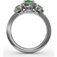 Three Stone Oval Emerald Ring with Diamond Halos by Fana - 1.10 Carat Total Gemstone Weight
