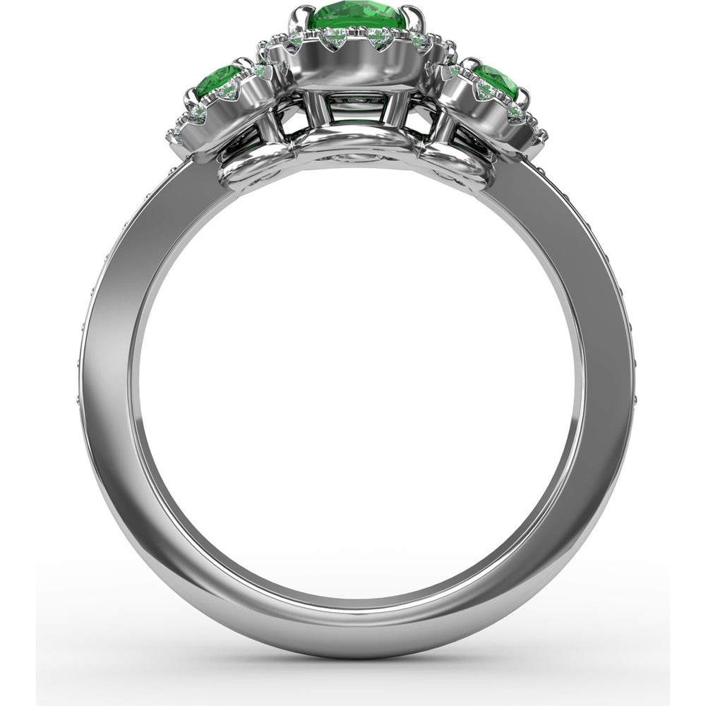 Three Stone Oval Emerald Ring with Diamond Halos by Fana - 1.10 Carat Total Gemstone Weight