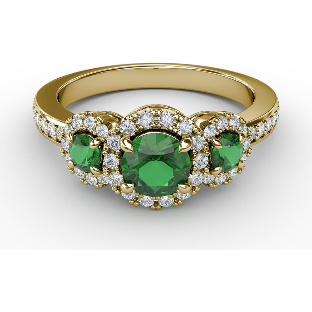 Three Stone Oval Emerald Ring with Diamond Halos by Fana - 1.10 Carat Total Gemstone Weight