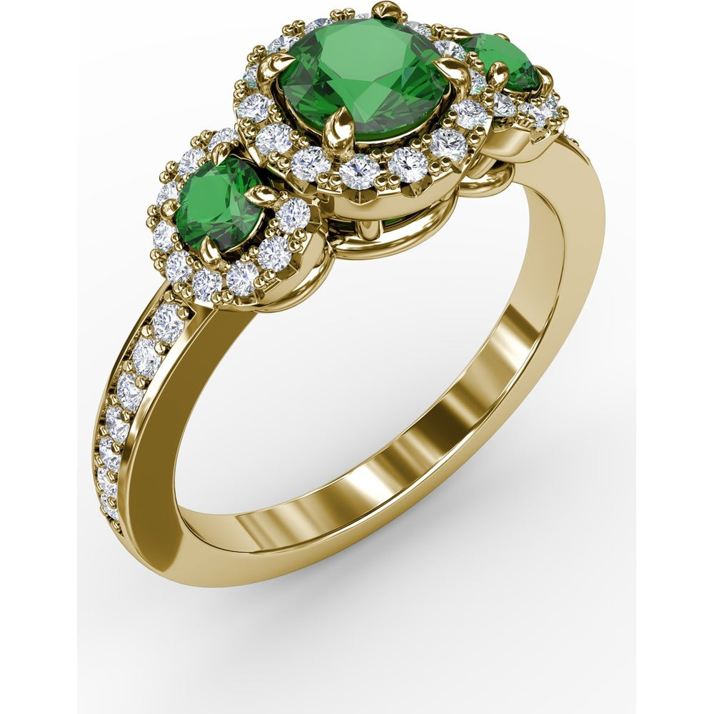 Three Stone Oval Emerald Ring with Diamond Halos by Fana - 1.10 Carat Total Gemstone Weight