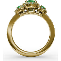 Three Stone Oval Emerald Ring with Diamond Halos by Fana - 1.10 Carat Total Gemstone Weight