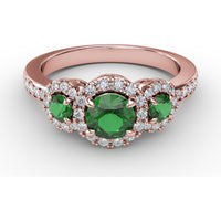 Three Stone Oval Emerald Ring with Diamond Halos by Fana - 1.10 Carat Total Gemstone Weight