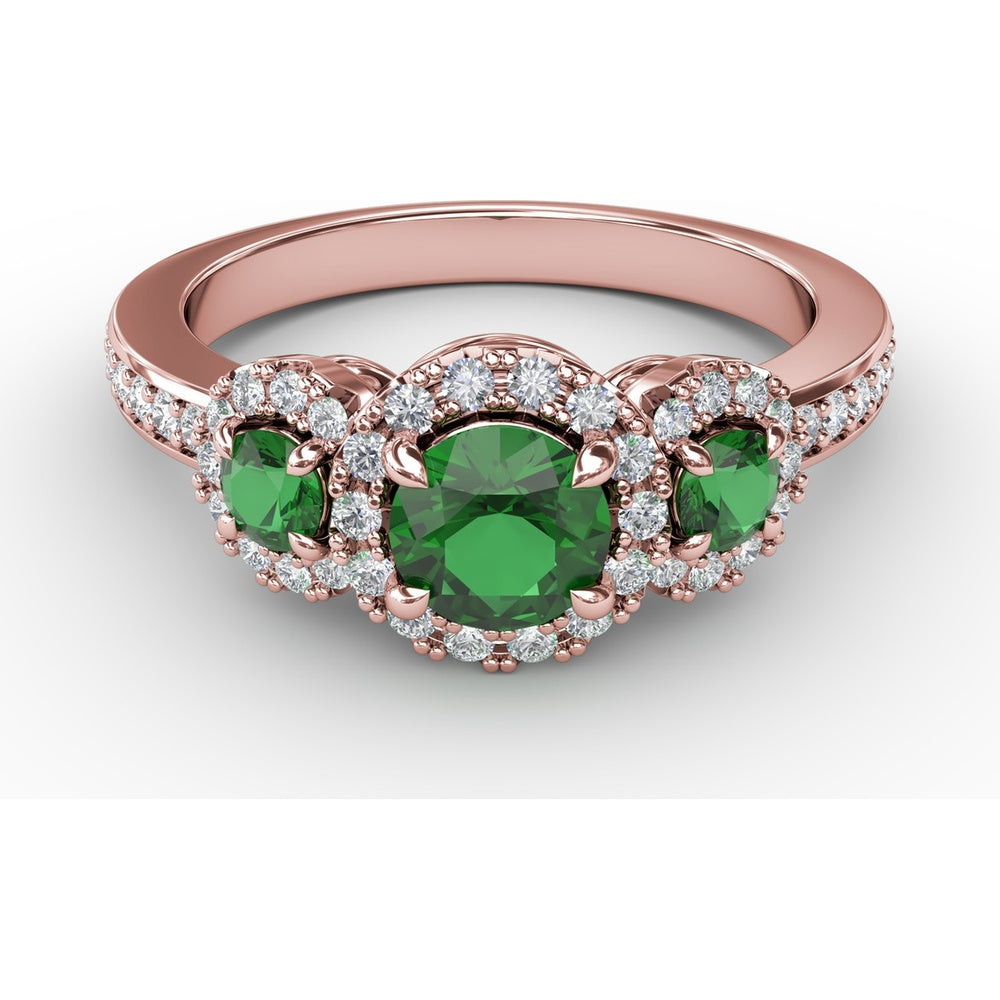 Three Stone Oval Emerald Ring with Diamond Halos by Fana - 1.10 Carat Total Gemstone Weight