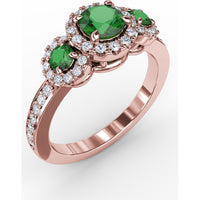 Three Stone Oval Emerald Ring with Diamond Halos by Fana - 1.10 Carat Total Gemstone Weight