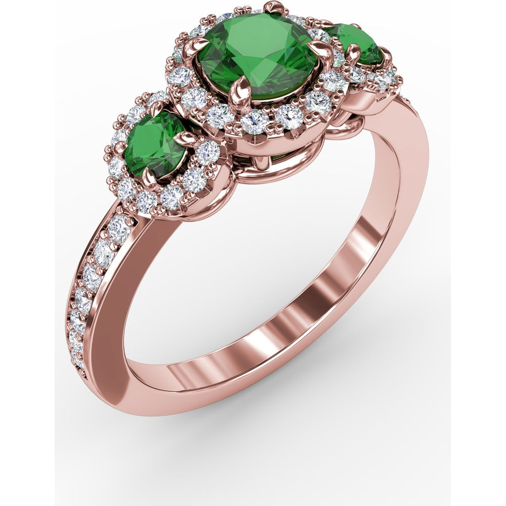 Three Stone Oval Emerald Ring with Diamond Halos by Fana - 1.10 Carat Total Gemstone Weight