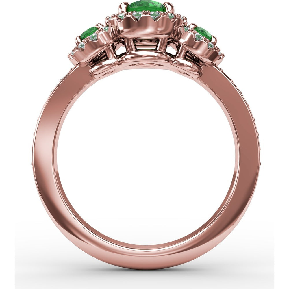 Three Stone Oval Emerald Ring with Diamond Halos by Fana - 1.10 Carat Total Gemstone Weight