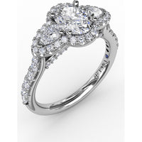 Three-Stone Oval Halo Engagement Ring Setting with Pear Side Stones and Pavé Band by Fana - 0.74 Carat Total Diamond Weight