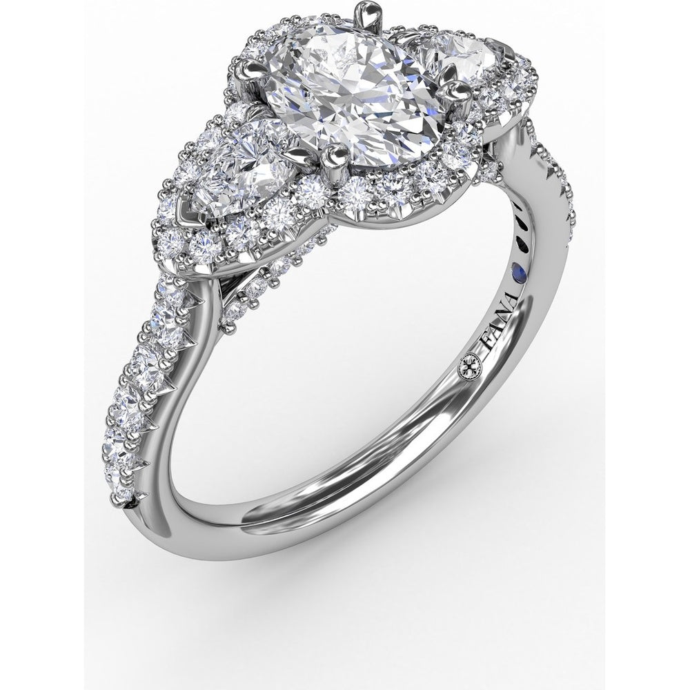 Three-Stone Oval Halo Engagement Ring Setting with Pear Side Stones and Pavé Band by Fana - 0.74 Carat Total Diamond Weight