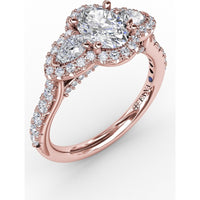 Three-Stone Oval Halo Engagement Ring Setting with Pear Side Stones and Pavé Band by Fana - 0.74 Carat Total Diamond Weight