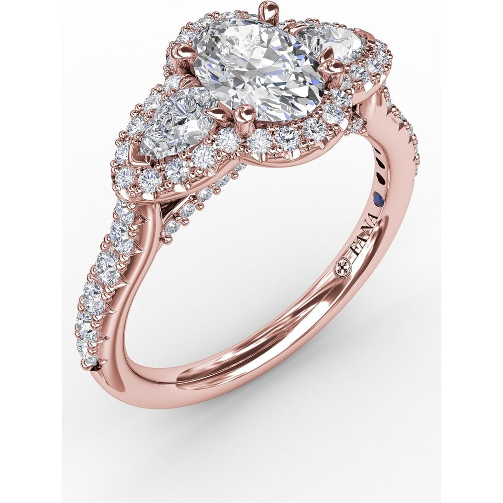 Three-Stone Oval Halo Engagement Ring Setting with Pear Side Stones and Pavé Band by Fana - 0.74 Carat Total Diamond Weight
