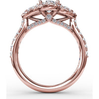 Three-Stone Oval Halo Engagement Ring Setting with Pear Side Stones and Pavé Band by Fana - 0.74 Carat Total Diamond Weight