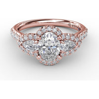 Three-Stone Oval Halo Engagement Ring Setting with Pear Side Stones and Pavé Band by Fana - 0.74 Carat Total Diamond Weight