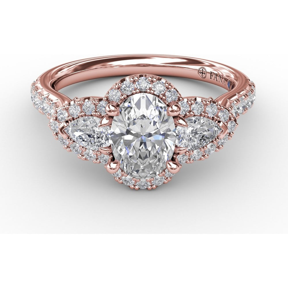 Three-Stone Oval Halo Engagement Ring Setting with Pear Side Stones and Pavé Band by Fana - 0.74 Carat Total Diamond Weight