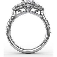 Three-Stone Oval Halo Engagement Ring Setting with Pear Side Stones and Pavé Band by Fana - 0.74 Carat Total Diamond Weight