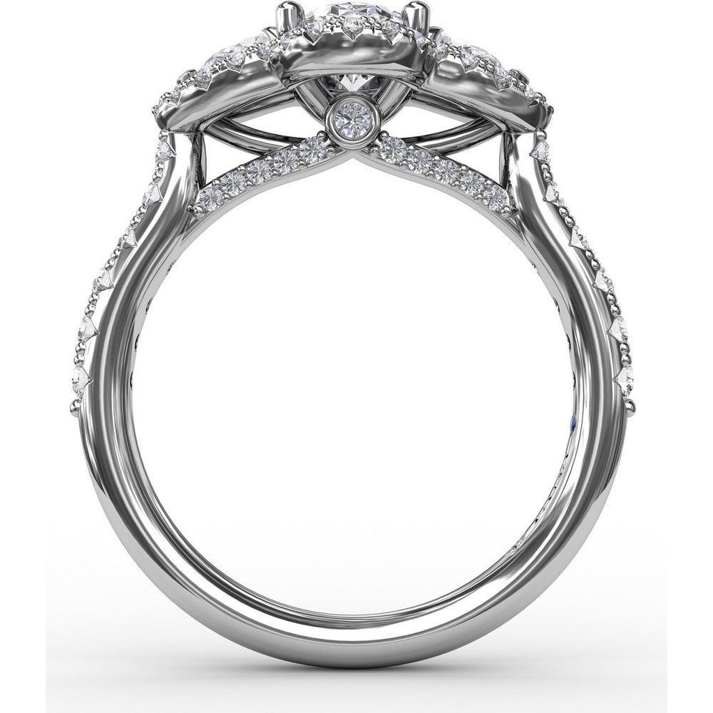 Three-Stone Oval Halo Engagement Ring Setting with Pear Side Stones and Pavé Band by Fana - 0.74 Carat Total Diamond Weight