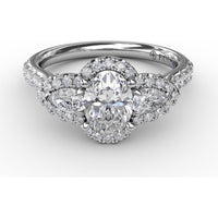 Three-Stone Oval Halo Engagement Ring Setting with Pear Side Stones and Pavé Band by Fana - 0.74 Carat Total Diamond Weight