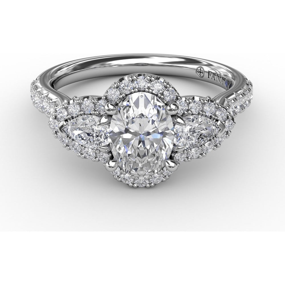 Three-Stone Oval Halo Engagement Ring Setting with Pear Side Stones and Pavé Band by Fana - 0.74 Carat Total Diamond Weight