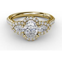 Three-Stone Oval Halo Engagement Ring Setting with Pear Side Stones and Pavé Band by Fana - 0.74 Carat Total Diamond Weight