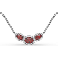 Three Stone Oval Ruby Pendant with Diamond Halo by Fana - 1.57 Carat Total Gemstone Weight