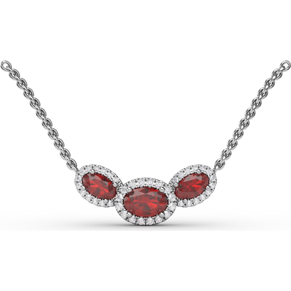 Three Stone Oval Ruby Pendant with Diamond Halo by Fana - 1.57 Carat Total Gemstone Weight