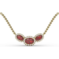 Three Stone Oval Ruby Pendant with Diamond Halo by Fana - 1.57 Carat Total Gemstone Weight