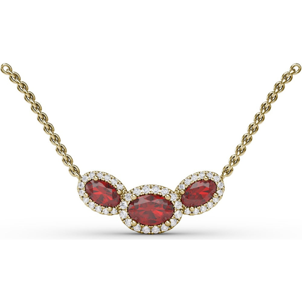 Three Stone Oval Ruby Pendant with Diamond Halo by Fana - 1.57 Carat Total Gemstone Weight
