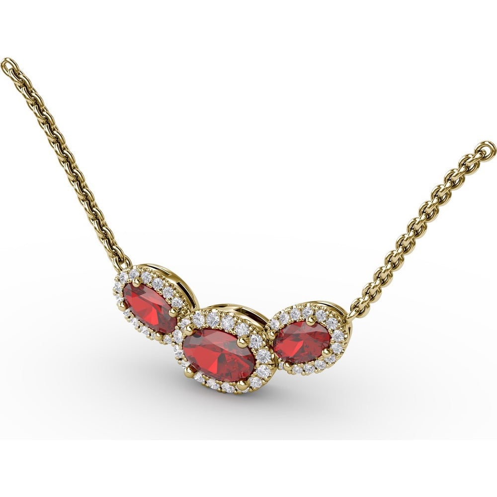 Three Stone Oval Ruby Pendant with Diamond Halo by Fana - 1.57 Carat Total Gemstone Weight