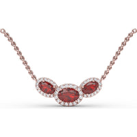 Three Stone Oval Ruby Pendant with Diamond Halo by Fana - 1.57 Carat Total Gemstone Weight