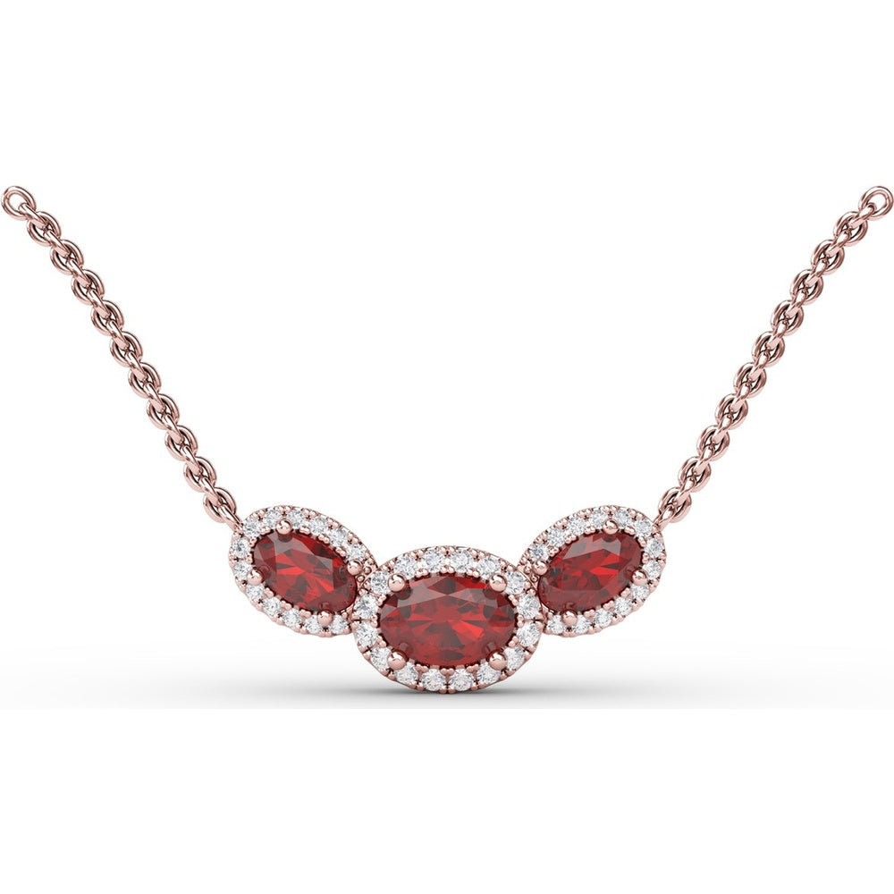 Three Stone Oval Ruby Pendant with Diamond Halo by Fana - 1.57 Carat Total Gemstone Weight