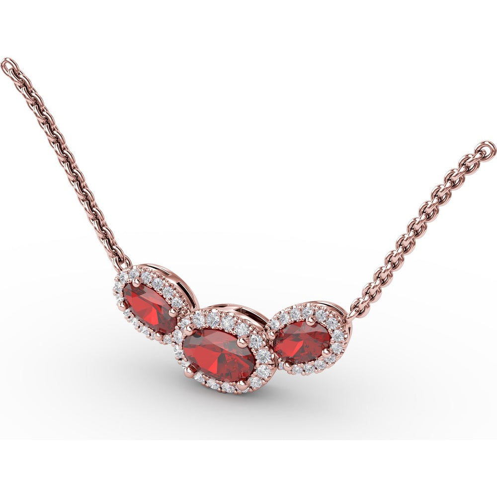 Three Stone Oval Ruby Pendant with Diamond Halo by Fana - 1.57 Carat Total Gemstone Weight