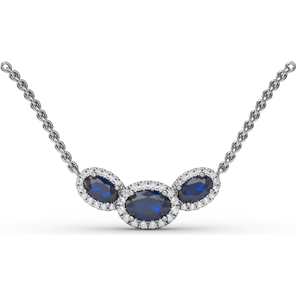 Three Stone Oval Sapphire and Diamond Halo Pendant by Fana - 1.57 Carat Total Gemstone Weight