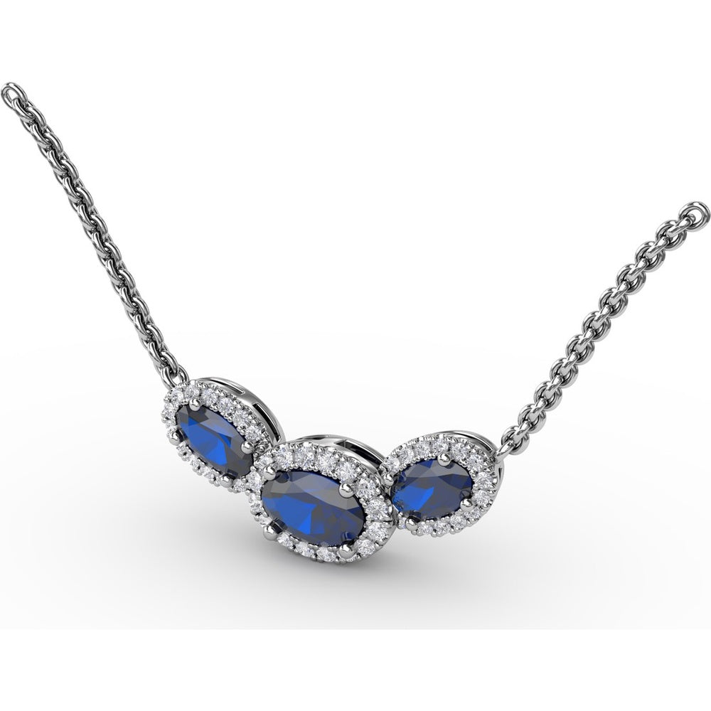 Three Stone Oval Sapphire and Diamond Halo Pendant by Fana - 1.57 Carat Total Gemstone Weight
