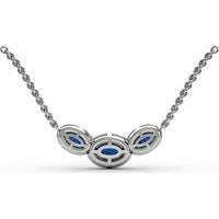 Three Stone Oval Sapphire and Diamond Halo Pendant by Fana - 1.57 Carat Total Gemstone Weight