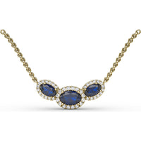 Three Stone Oval Sapphire and Diamond Halo Pendant by Fana - 1.57 Carat Total Gemstone Weight