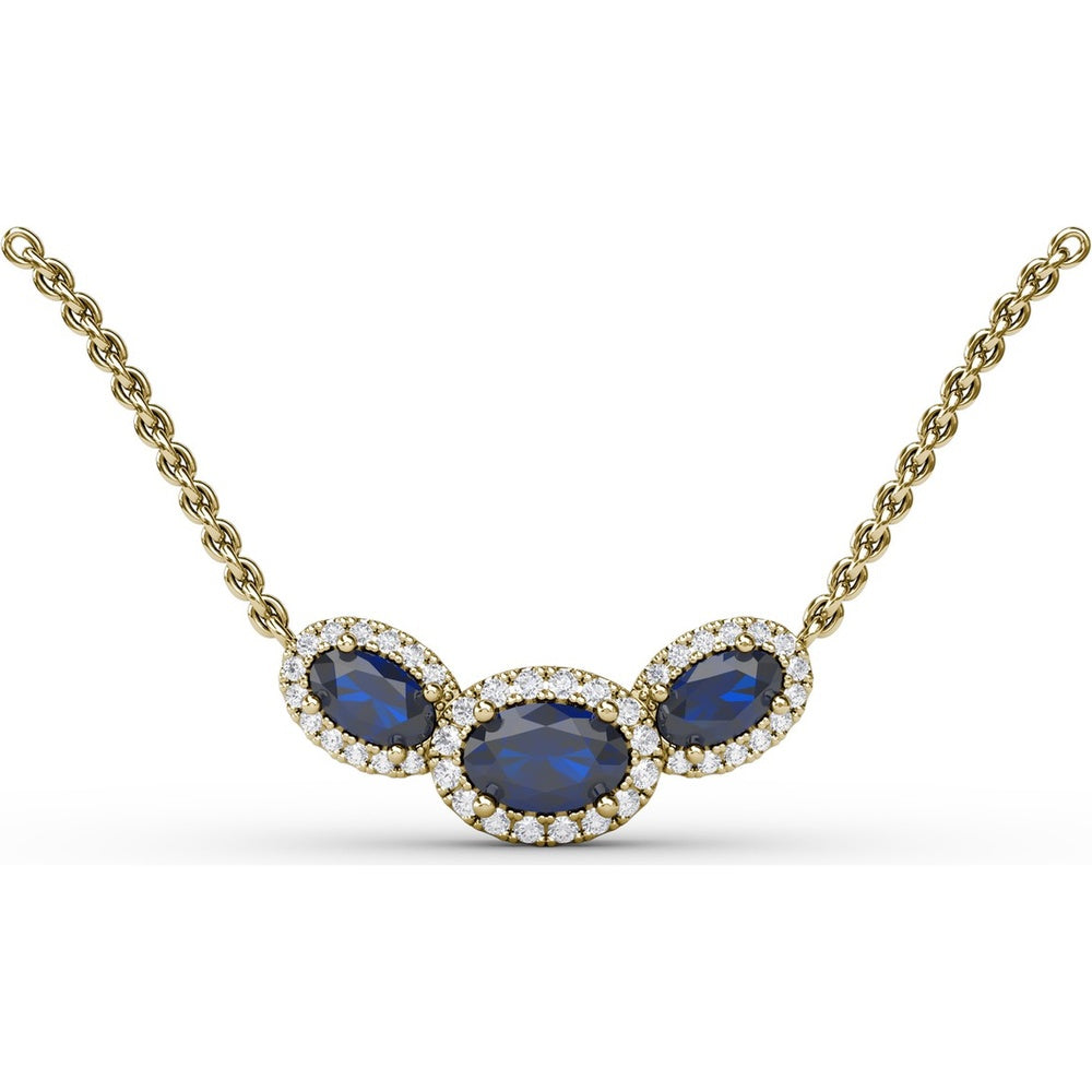 Three Stone Oval Sapphire and Diamond Halo Pendant by Fana - 1.57 Carat Total Gemstone Weight