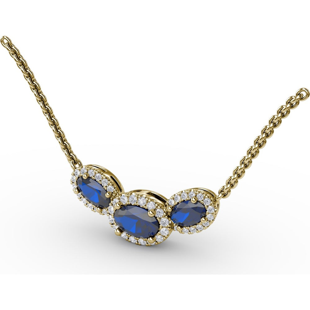 Three Stone Oval Sapphire and Diamond Halo Pendant by Fana - 1.57 Carat Total Gemstone Weight