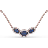 Three Stone Oval Sapphire and Diamond Halo Pendant by Fana - 1.57 Carat Total Gemstone Weight