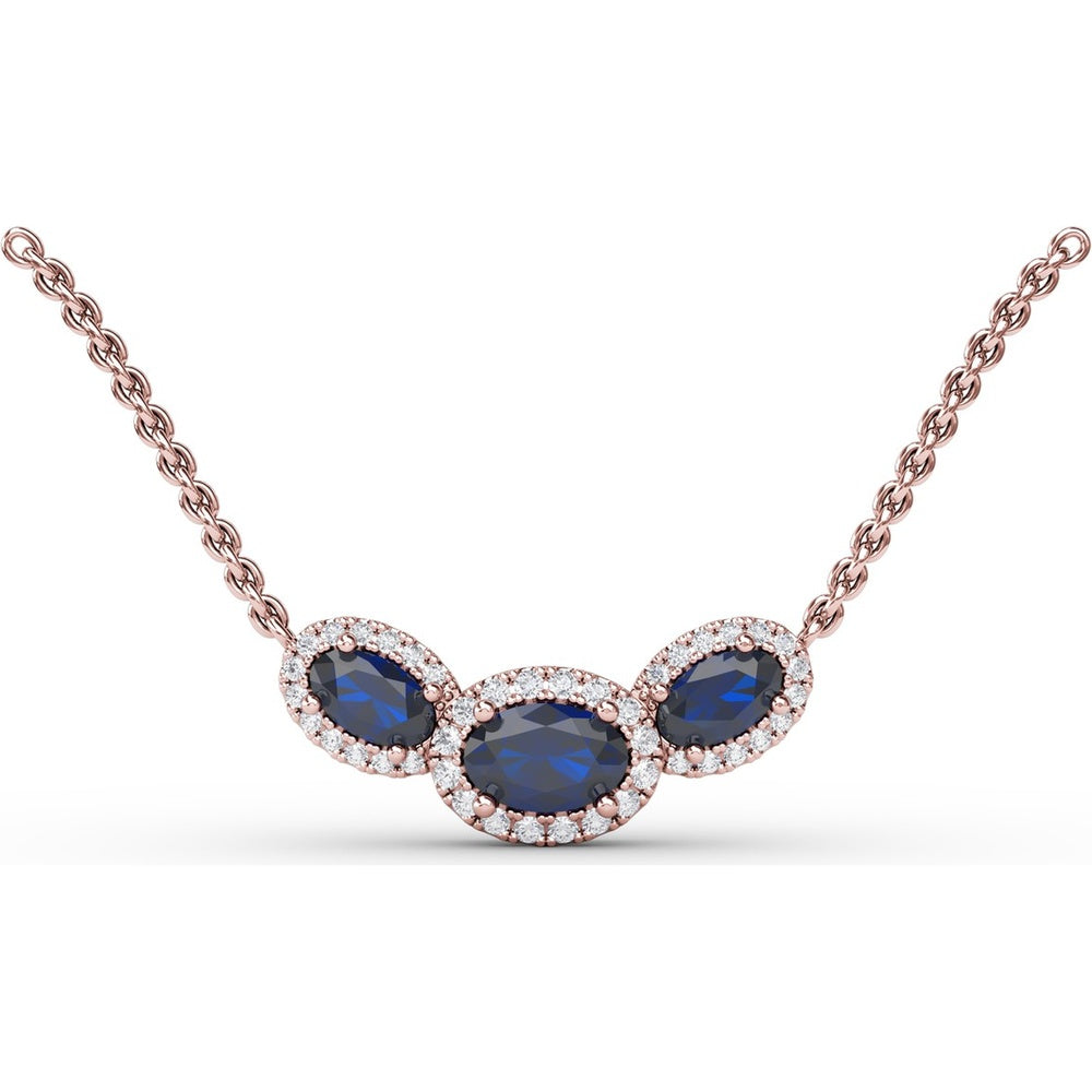 Three Stone Oval Sapphire and Diamond Halo Pendant by Fana - 1.57 Carat Total Gemstone Weight