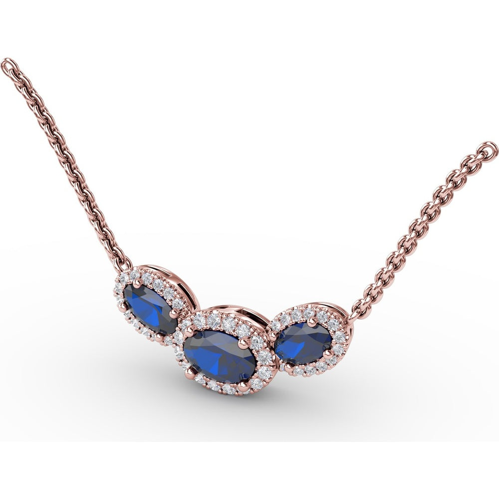 Three Stone Oval Sapphire and Diamond Halo Pendant by Fana - 1.57 Carat Total Gemstone Weight