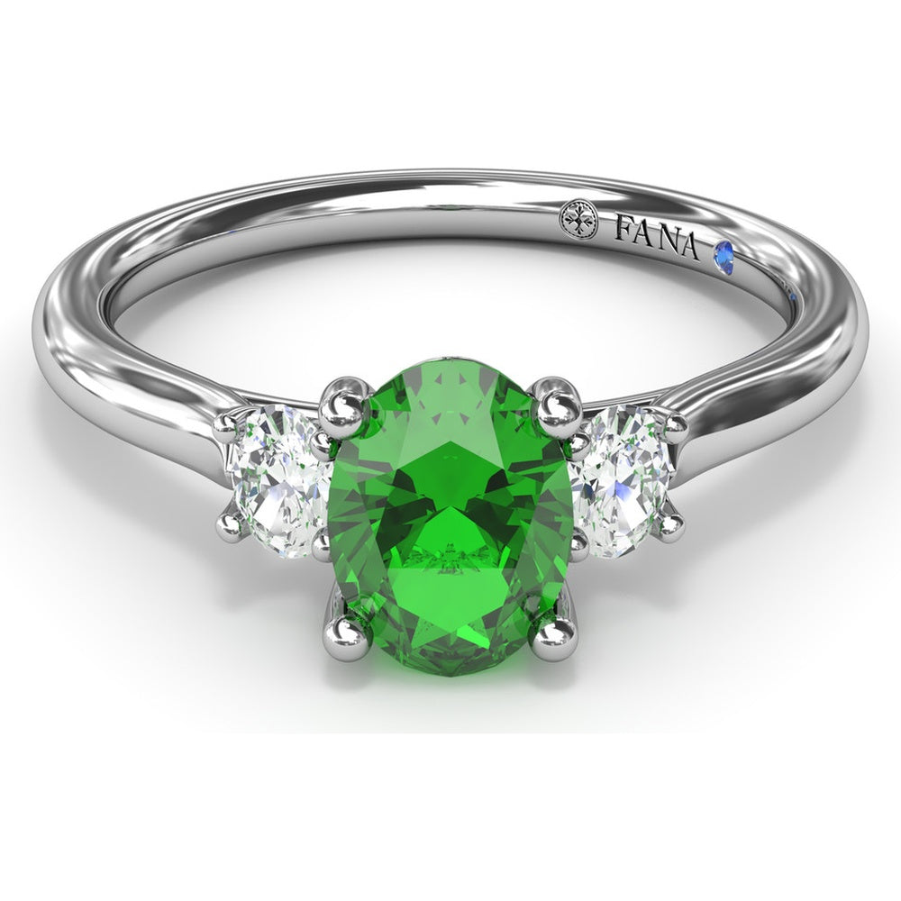 Three Stone Ring with Oval Emerald and Oval Diamond Accents by Fana - 1.11 Carat Total Gemstone Weight
