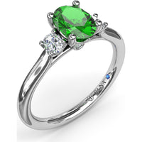 Three Stone Ring with Oval Emerald and Oval Diamond Accents by Fana - 1.11 Carat Total Gemstone Weight