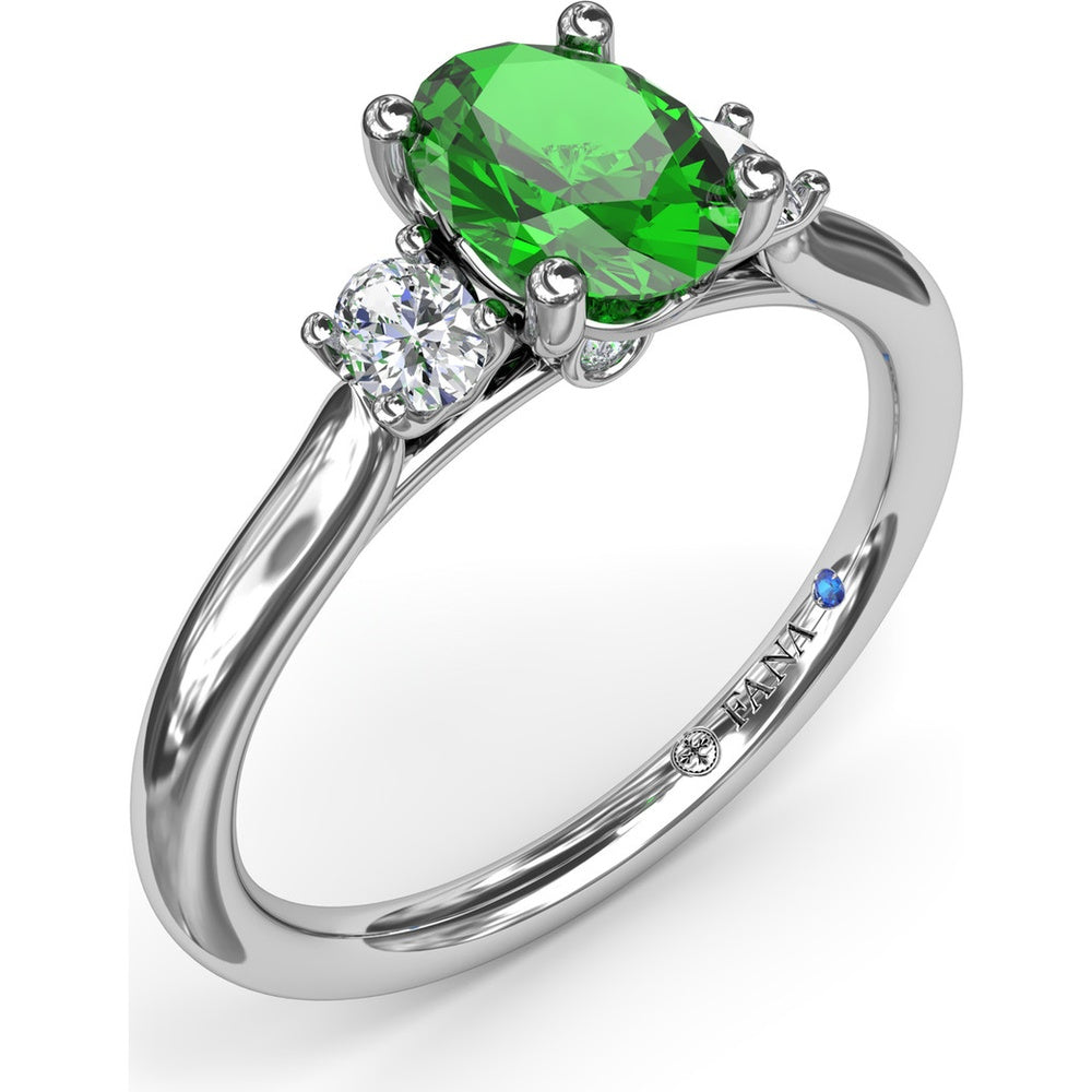 Three Stone Ring with Oval Emerald and Oval Diamond Accents by Fana - 1.11 Carat Total Gemstone Weight